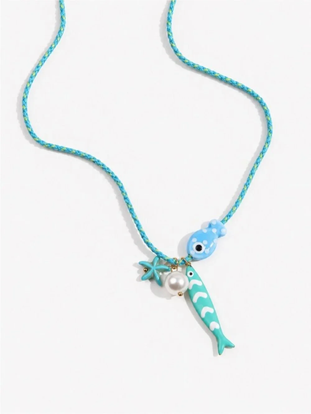 New! Coastal Blue Fish Sardine Pearl Charm Braided Necklace (4024) NWOT